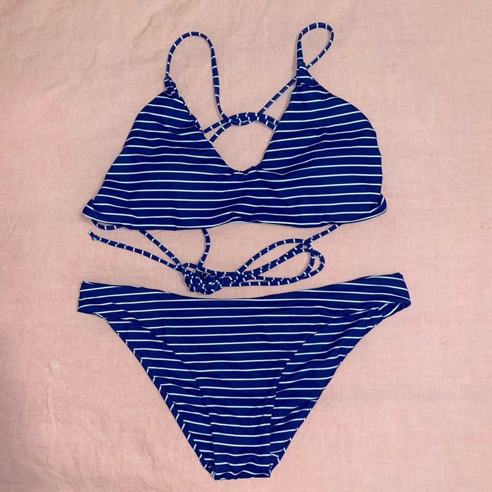 Blue and white stripe strappy bikini